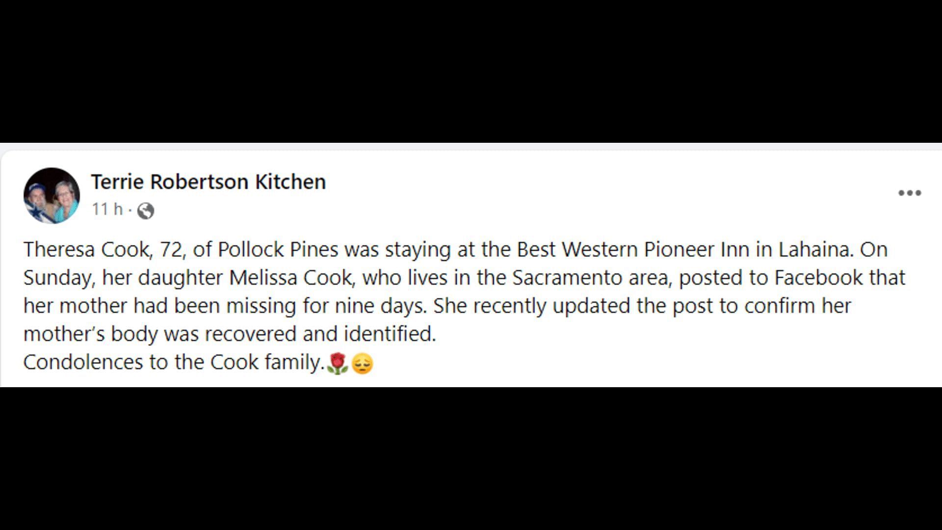 A netizen reporting the death news of Theresa Cook. (Image via Facebook/Terrie Robertson Kitchen)