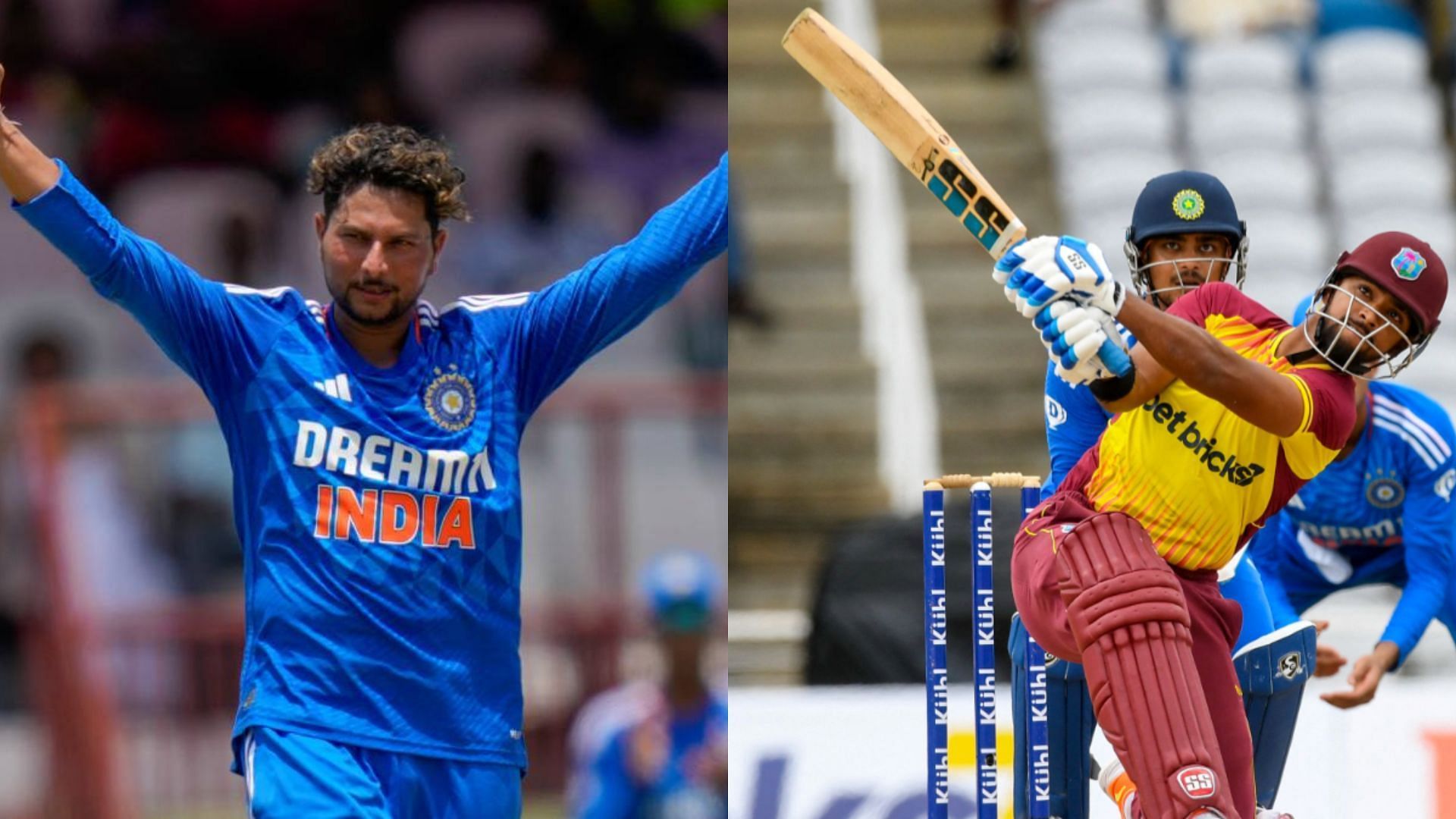 Kuldeep Yadav (L) has dismised Nicholas Pooran four times already in T20 cricket (P.C.:Twitter)