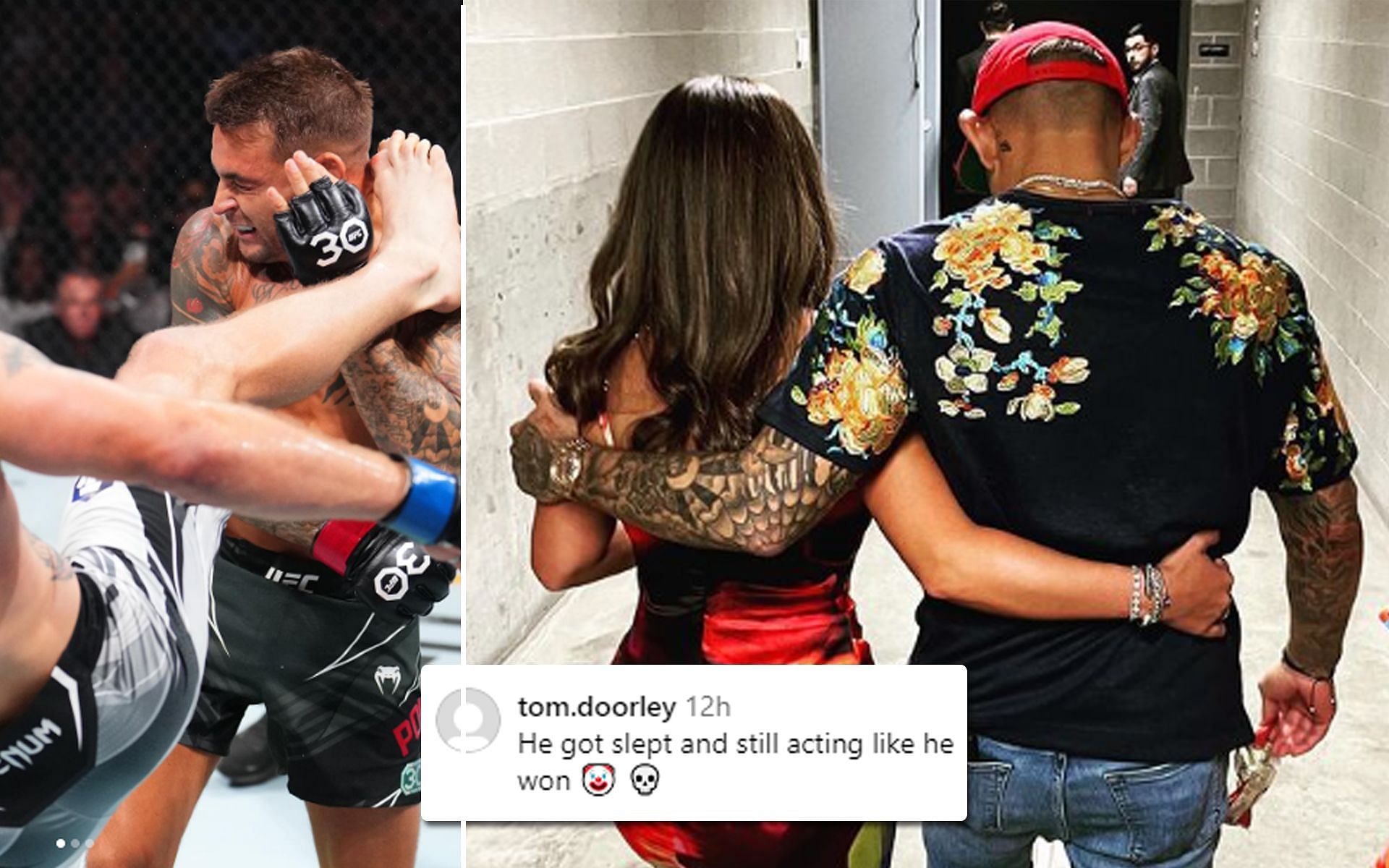 Dustin Poirier getting knocked out [L] and Dustin with Jolie Poirier [R] [Images via @mrsjoliepoirier and @ufc Instagram]