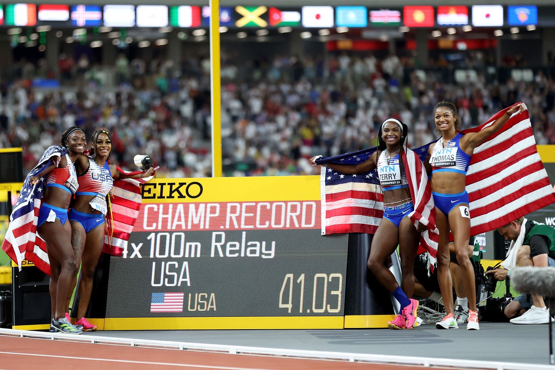Gold medalists Gabrielle Thomas, Tamari Davis, Twanisha Terry, and Sha&#039;Carri Richardson of Team United States celebrate wth their new championship record after winning the Women&#039;s 4x100m Relay Final during day eight of the World Athletics Championships Budapest 2023