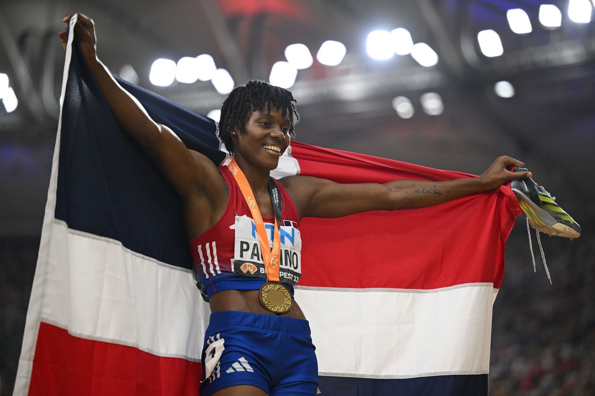 Marileidy Paulino after winning a gold medal in the women&#039;s 400m at the 2023 World Athletics Championships in Budapest