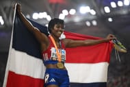 Marileidy Paulino after winning a gold medal in the women's 400m at the 2023 World Athletics Championships in Budapest