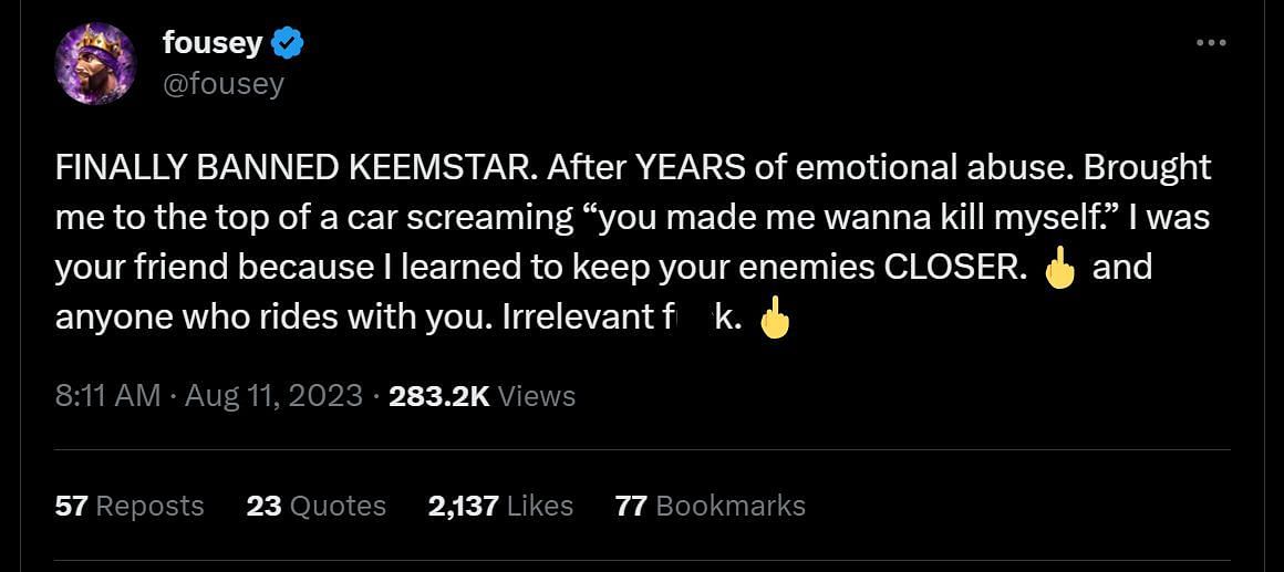 Twitch streamer&#039;s recent tweet in which he claimed to have banned Keemstar (Image via Twitter)