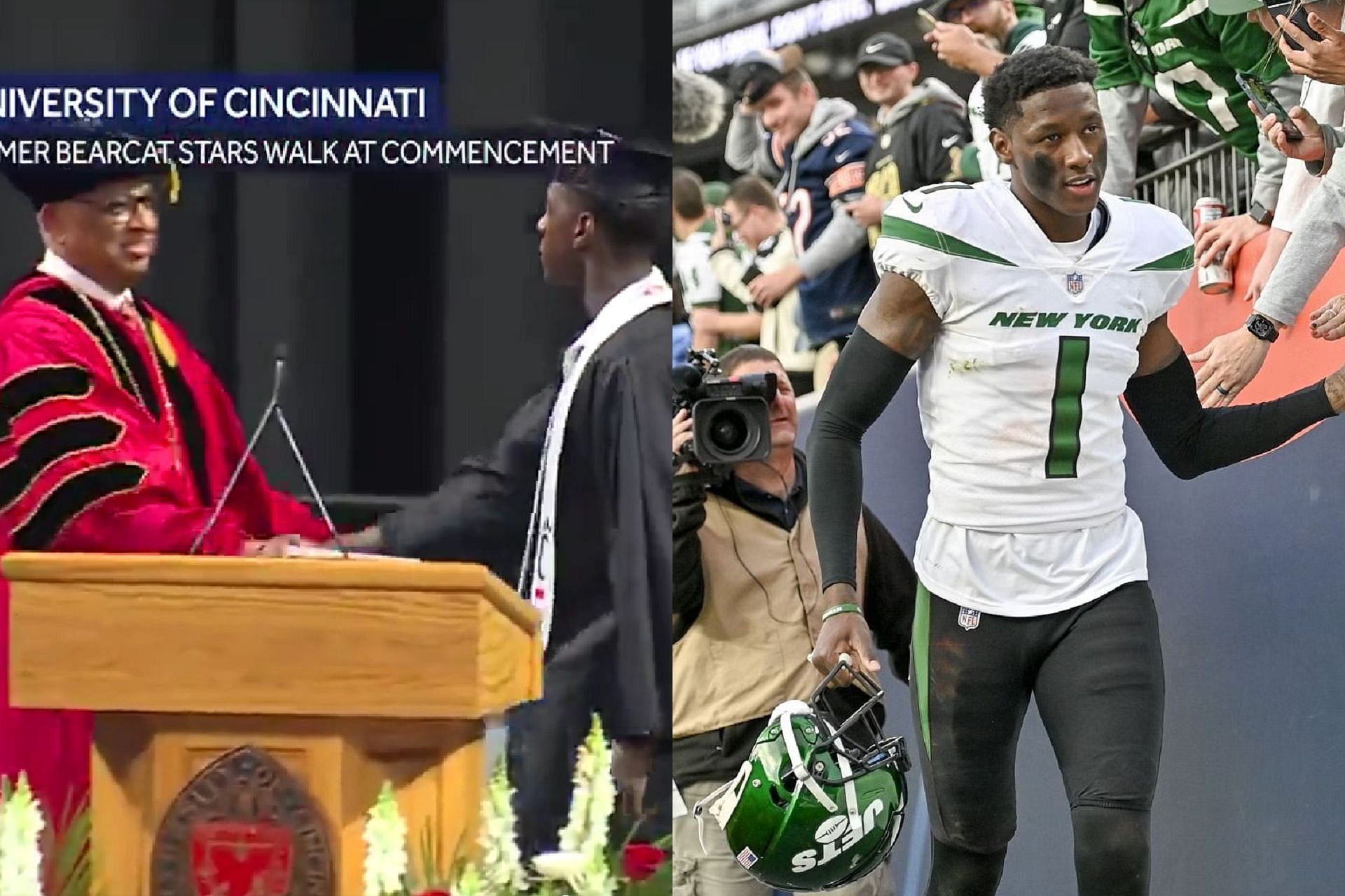 Sauce Gardner receiving his degree during graduation ceremony of University of Cincinnati