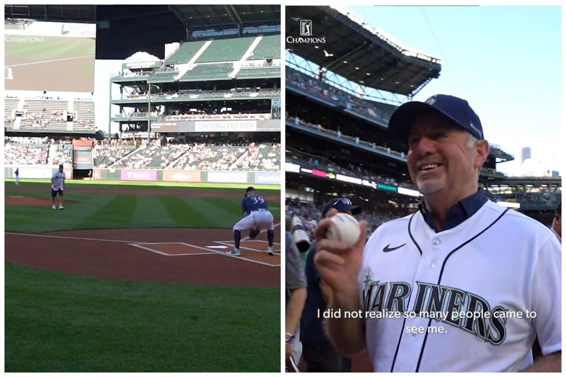 Rod Pampling throws the first pitch at the Seattle Mariners game against the San Diego Padres( Image via Twitter.com/ChampionsTour)