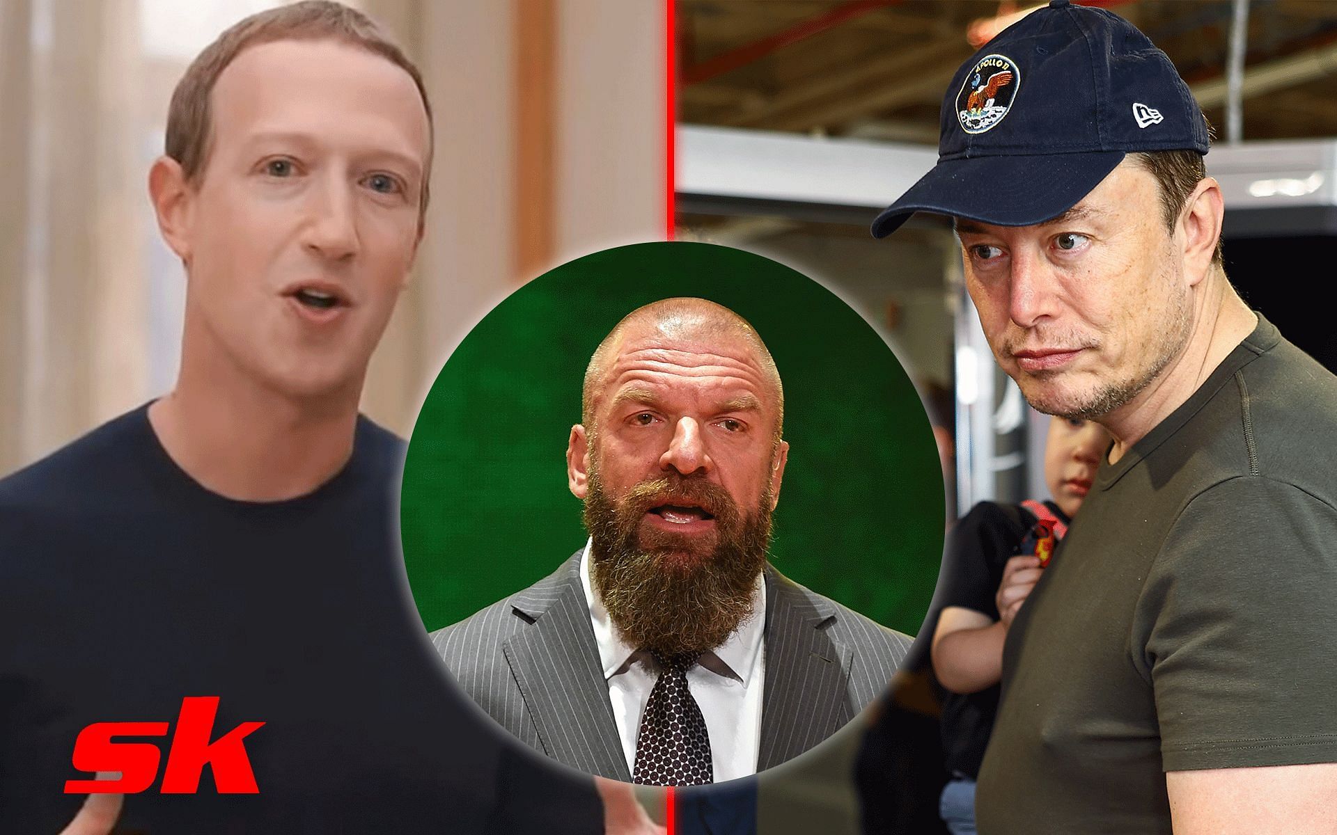Mark Zuckerberg (Left), Triple H (Center), Elon Musk (Right) [Image courtesy: @Dexerto on Twitter, Getty]