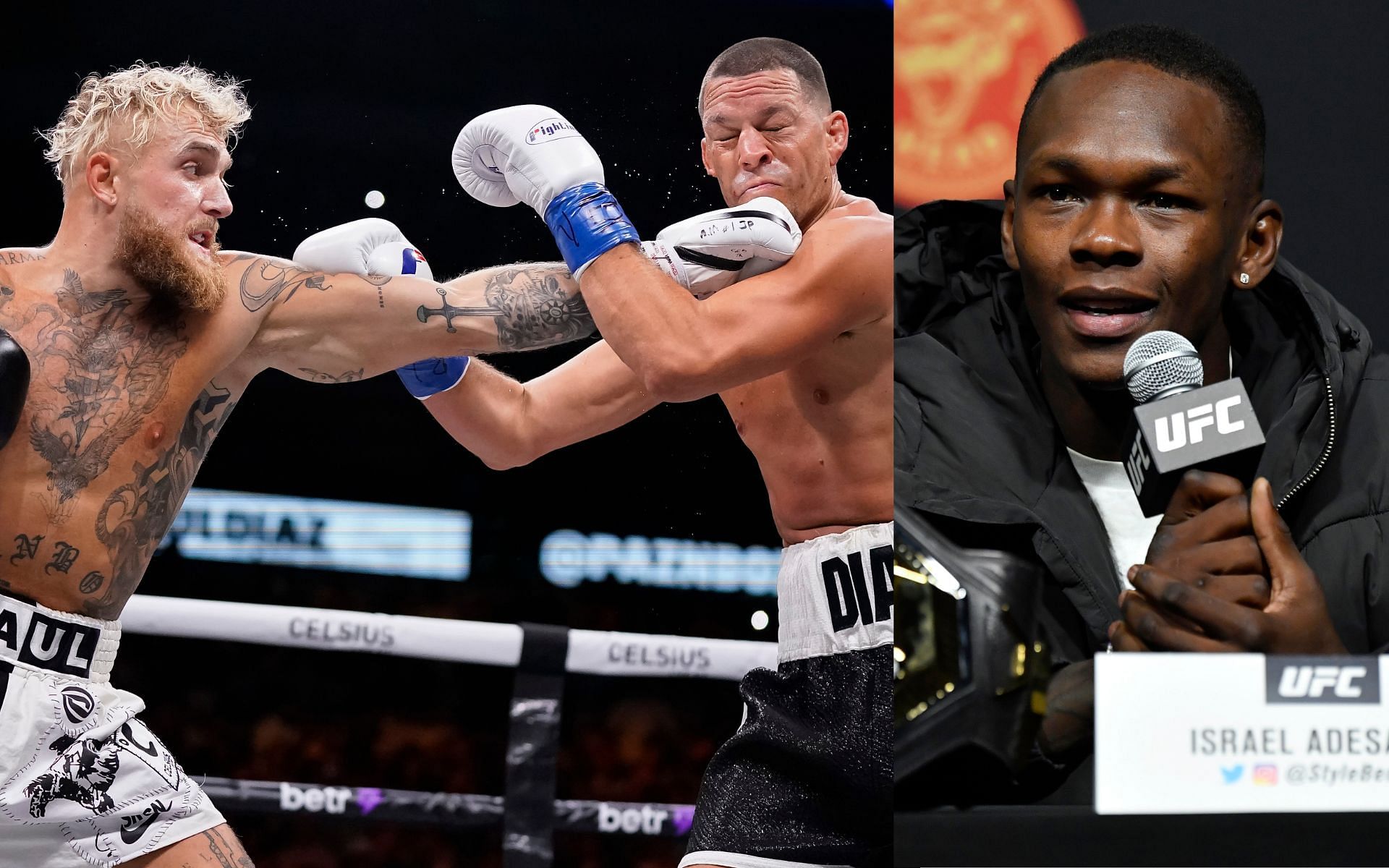 Jake Paul vs Nate Diaz (left) and Israel Adesanya (right). [via Getty Images]