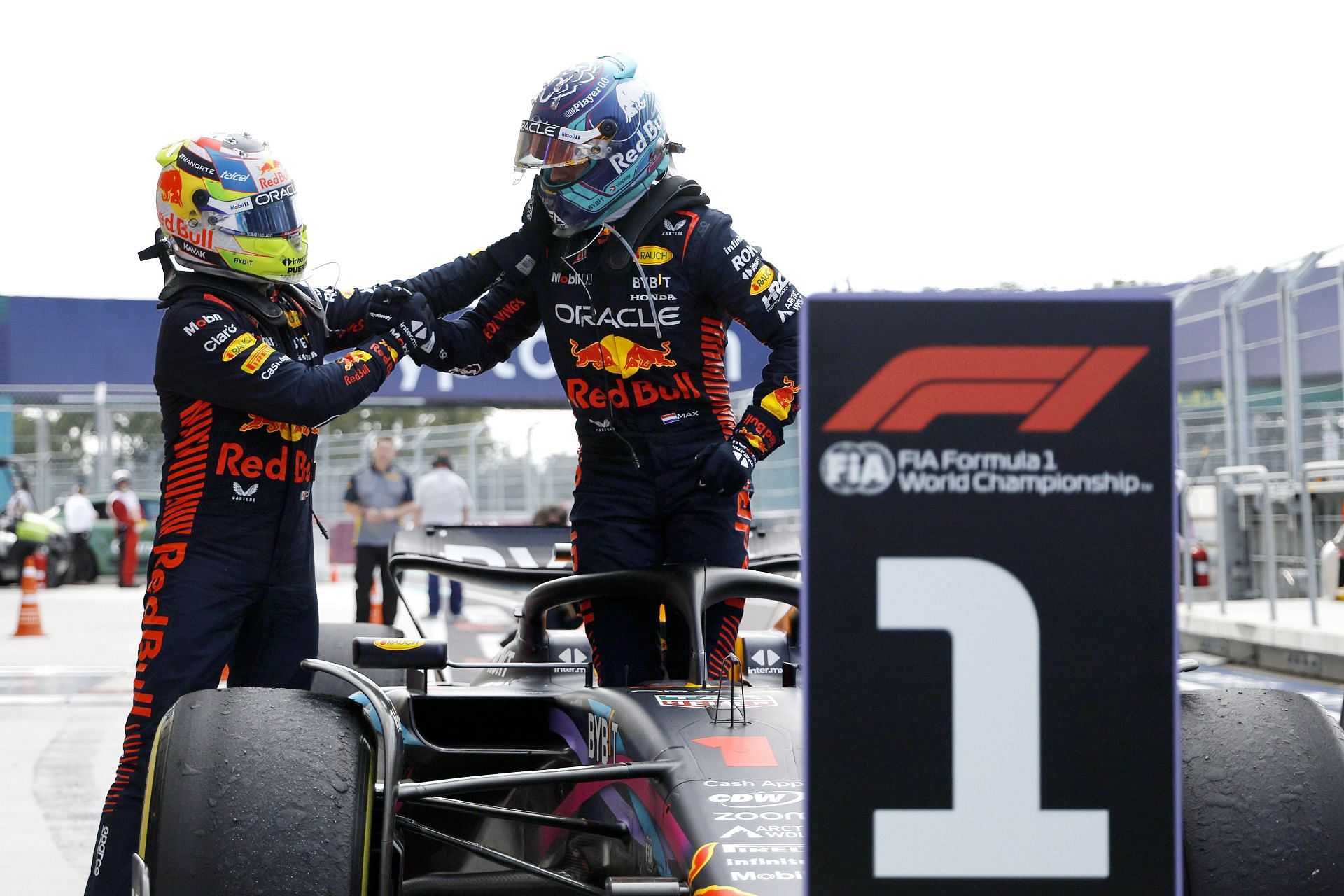 Red Bull drivers Sergio Perez and Max Verstappen