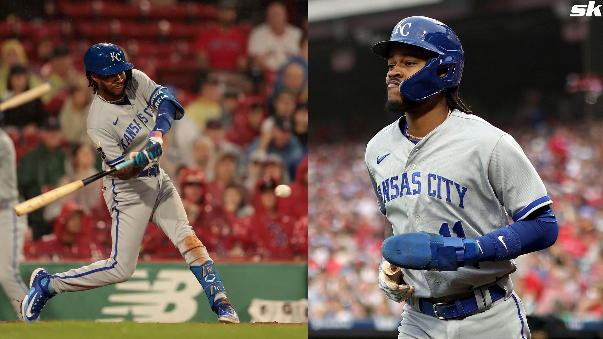 Maikel Garcia of the Kansas City Royals singles during the second inning against the Boston Red Sox