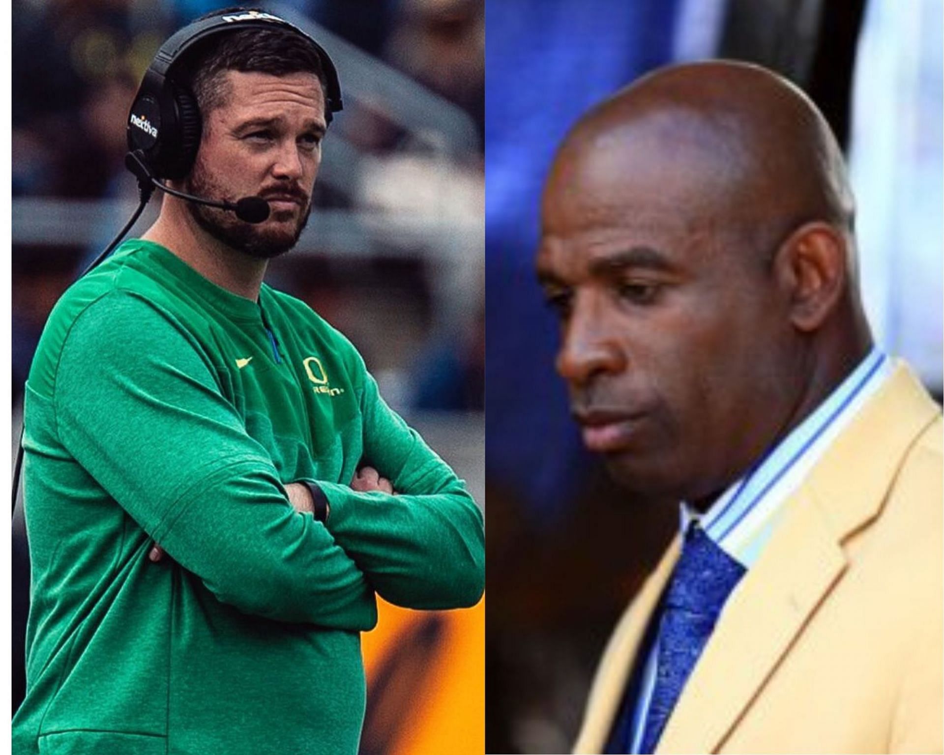 Dan Lanning (L), coach of the Oregon Ducks and Deion Sanders (R), coach of the Colorado Buffaloes