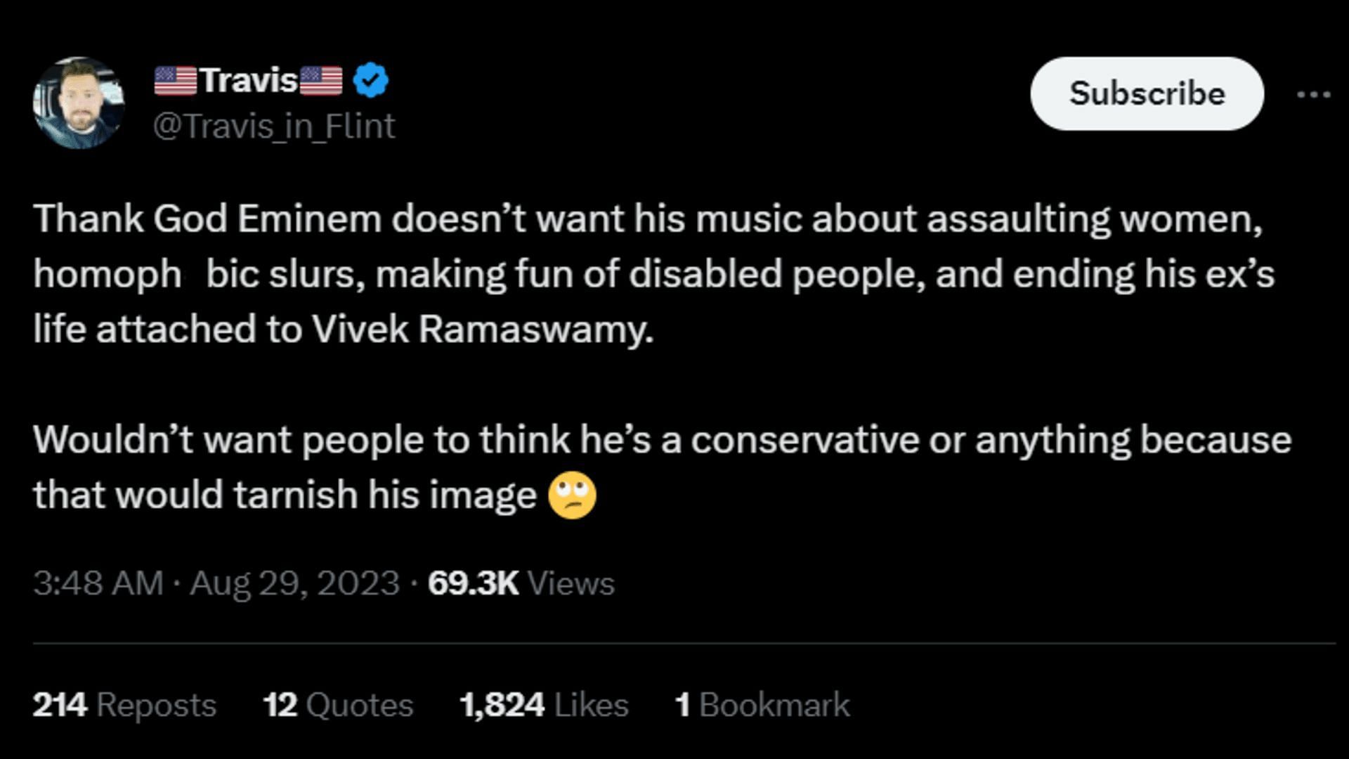 A netizen mocks Em that if people started believing he was a conservative, that would ruin his image. (Image via X/Travis)