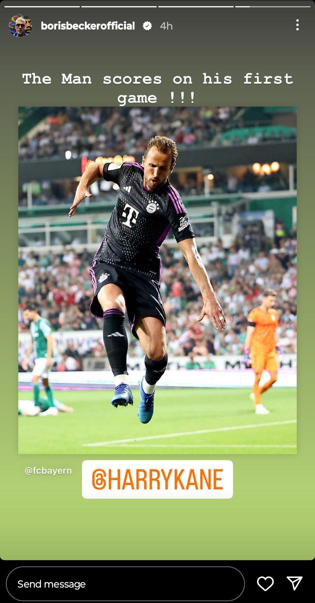 Harry Kane Scoring his first Bundesliga goal and Boris Becker celebrating on his Instagram story