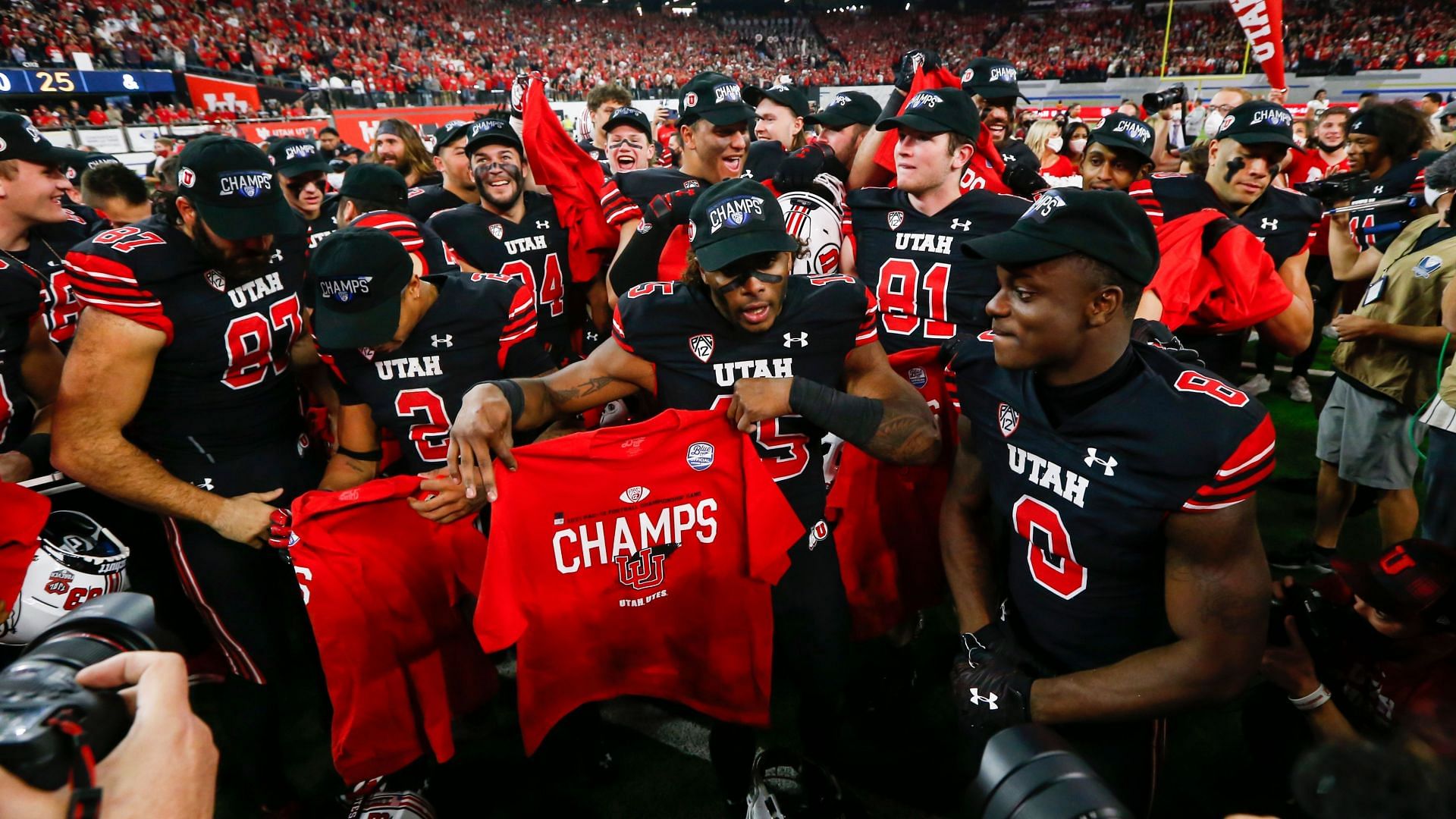 The Utah Utes celebrating the Pac-12 championship