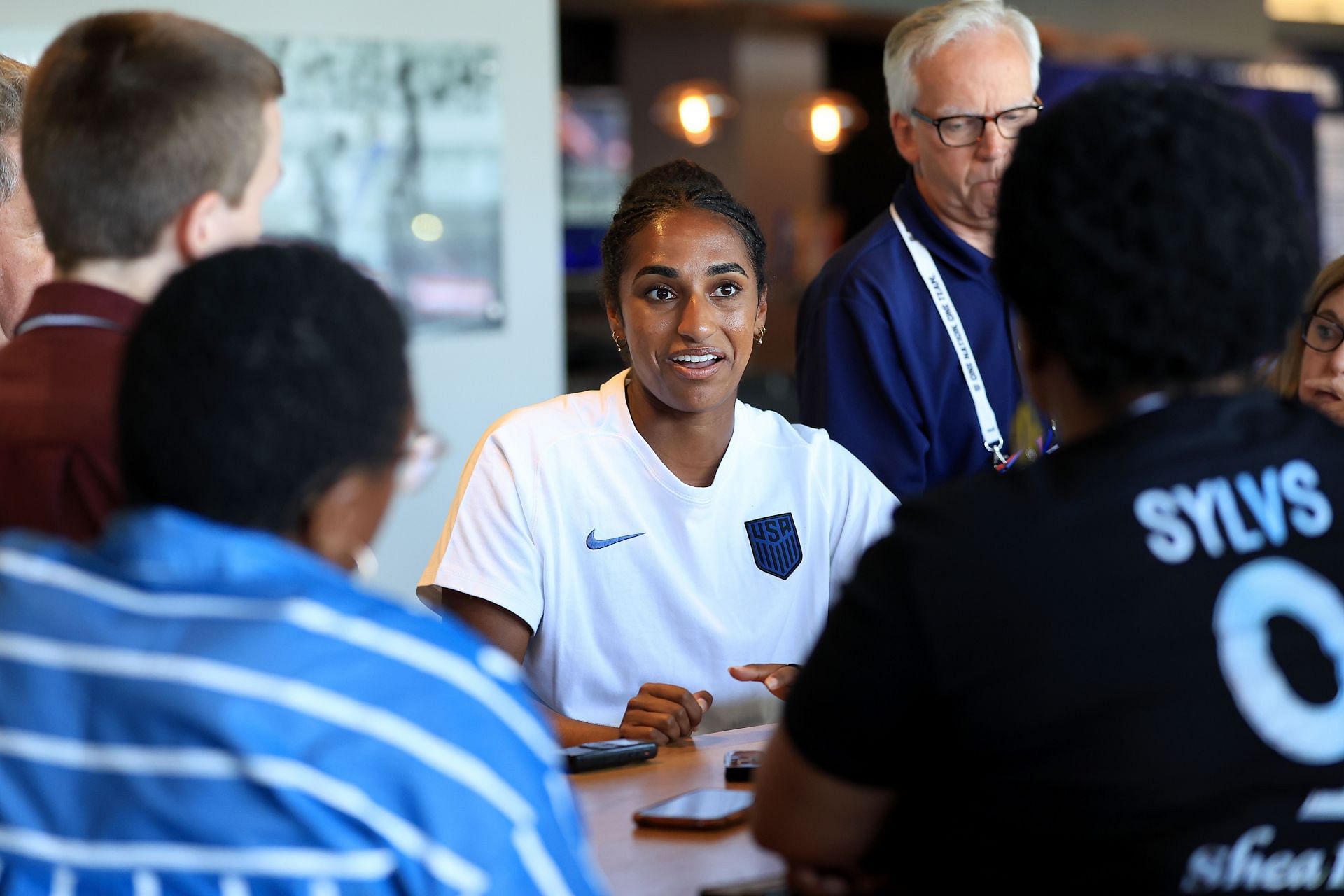 Naomi Girma speaks to members of the media at Dignity Health Sports Park