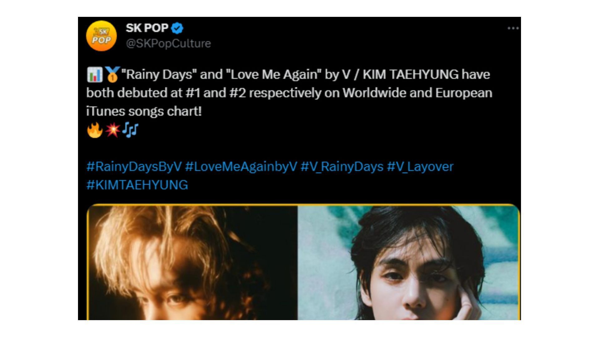 BTS V's 'Rainy Days' tops iTunes in 70 countries