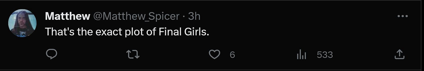 A tweet reply to DF&#039;s post about The Final Girls (Image via Twitter)