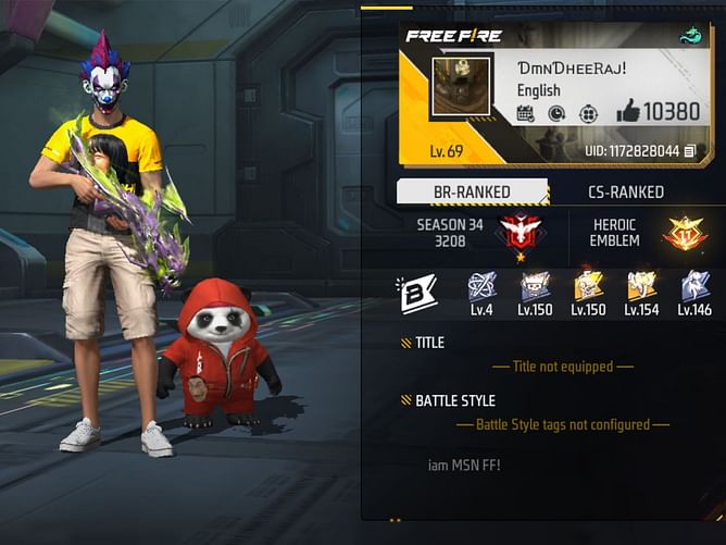 DMN Dheeraj’s Free Fire ID, stats, rank, guild, and more