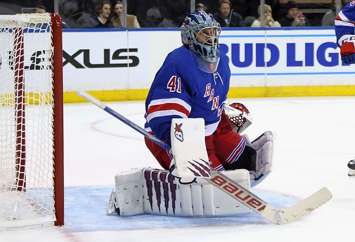 New York Rangers goaltender Jaroslav Halak (41) skates back to the net  before play resumes in the second period of an NHL hockey game, Wednesday,  Oct. 26, 2022, in Elmont, N.Y. (AP