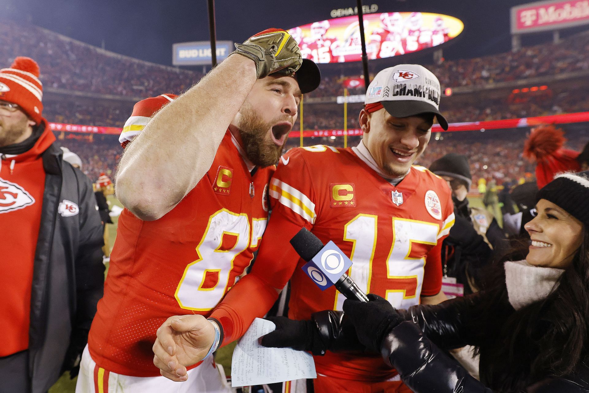 Patrick Mahomes and Travis Kelce during AFC Championship - Cincinnati Bengals v Kansas City Chiefs