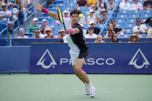 Ben Shelton plays a shot against Stefanos Tsitsipas at Cincinnati Open.