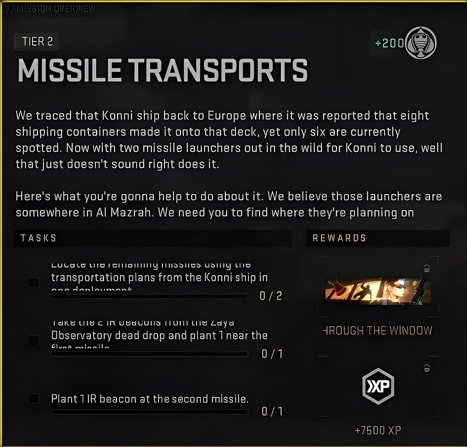 Tasks involved in the Missile Transports mission (Image via Activision)