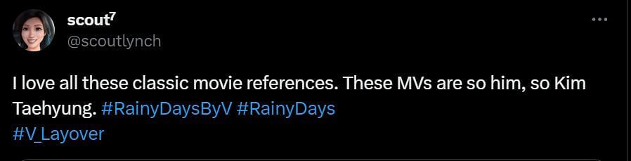 A netizen praises the classic referrences in V&#039;s Rainy Days (Image via Twitter/scoutlynch)