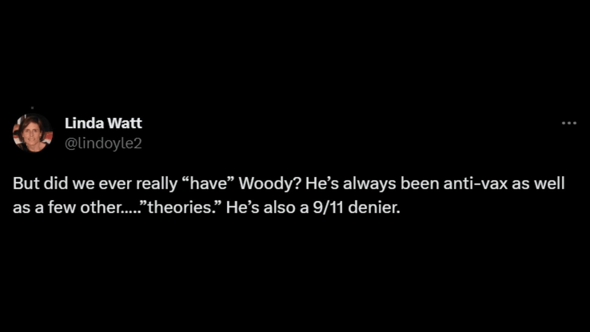 A Democrat said she knew that Woody was never on their side. (Image via X/Linda Watt)