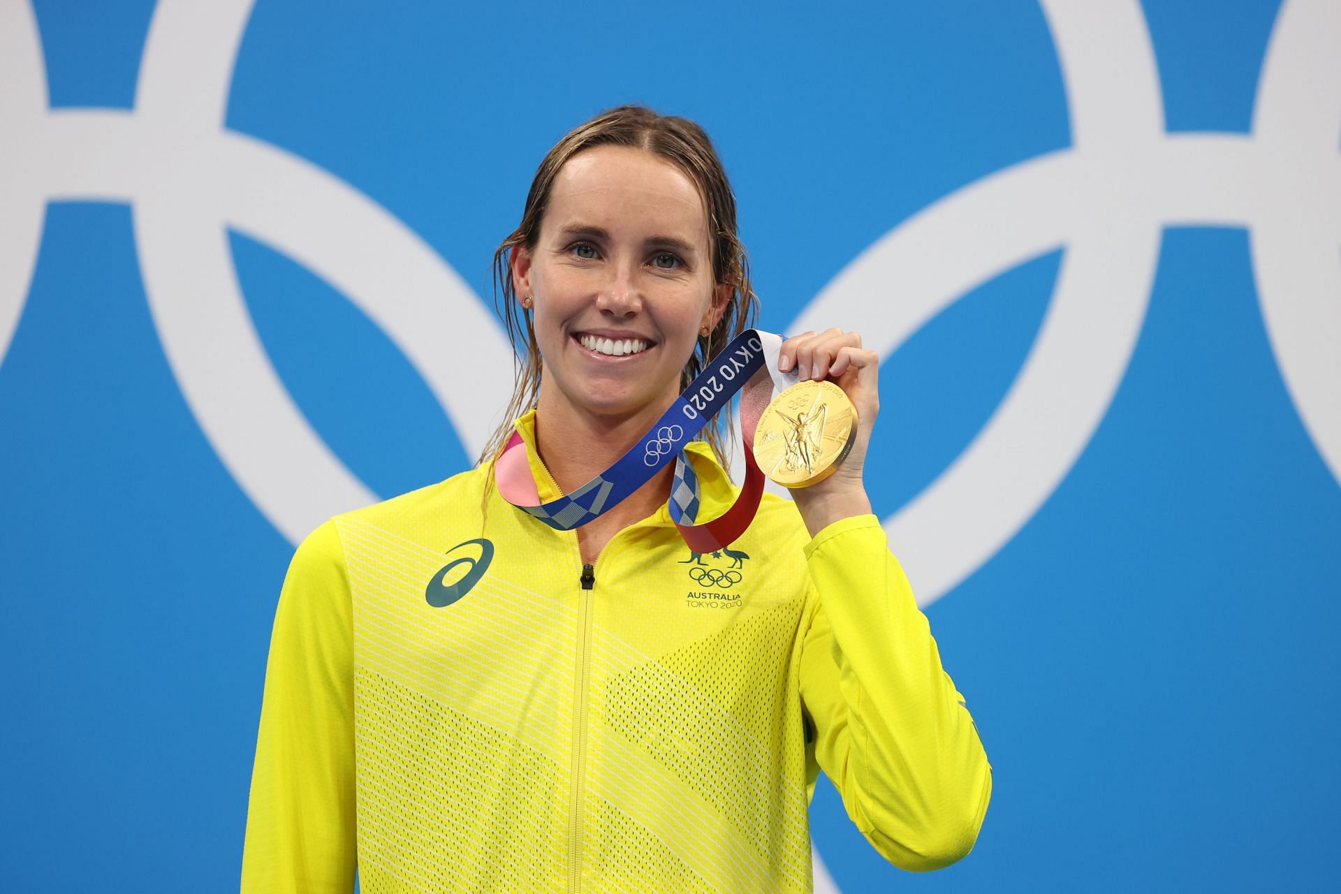 Emma McKeon poses with her gold medal in Women&#039;s 50m Freestyle at the 2020 Tokyo Olympics, Japan