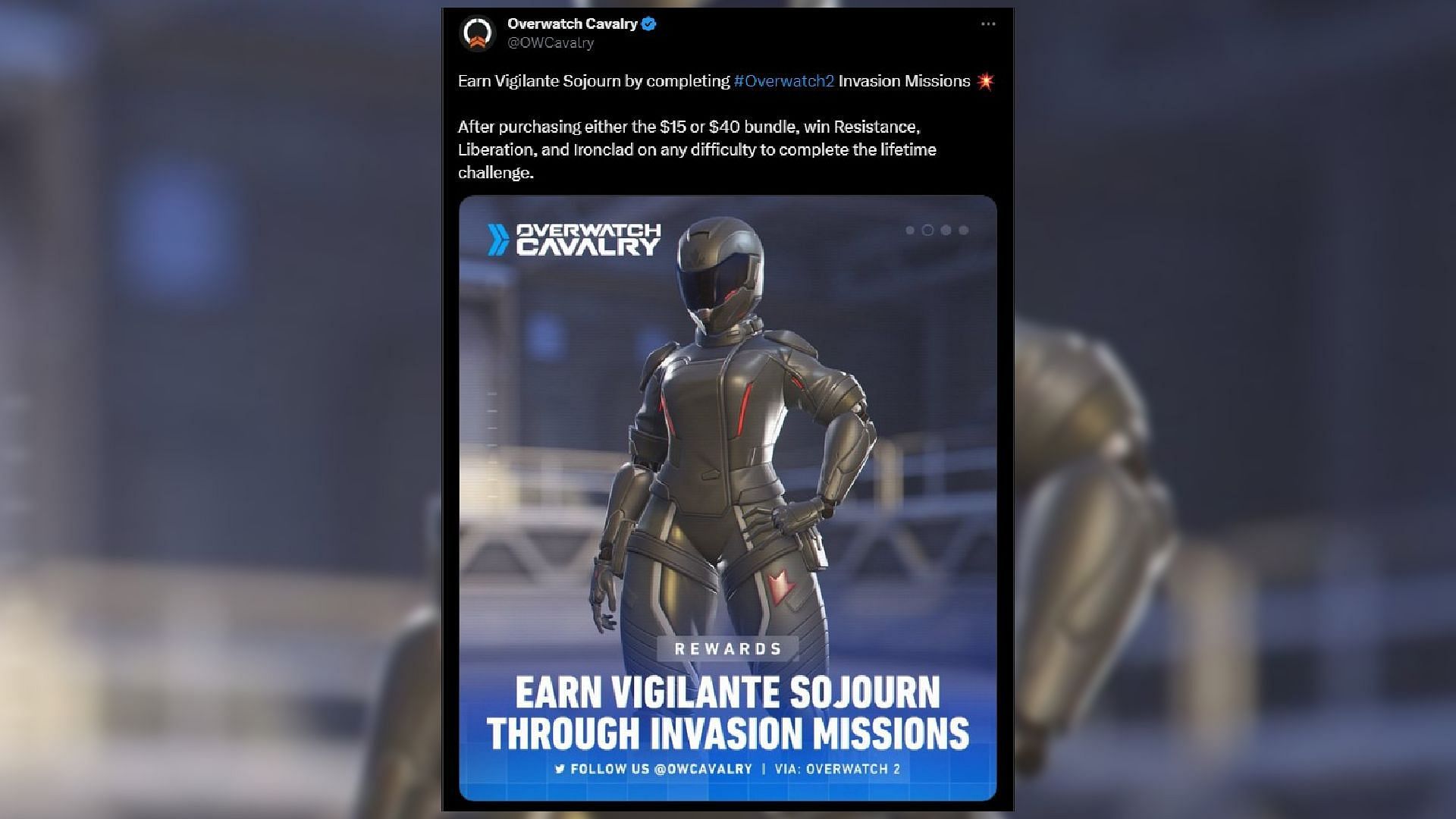 Overwatch 2 Season 6: Invasion Sojourn&#039;s Vigilante skin (Image via Twitter/@OWCavalry)