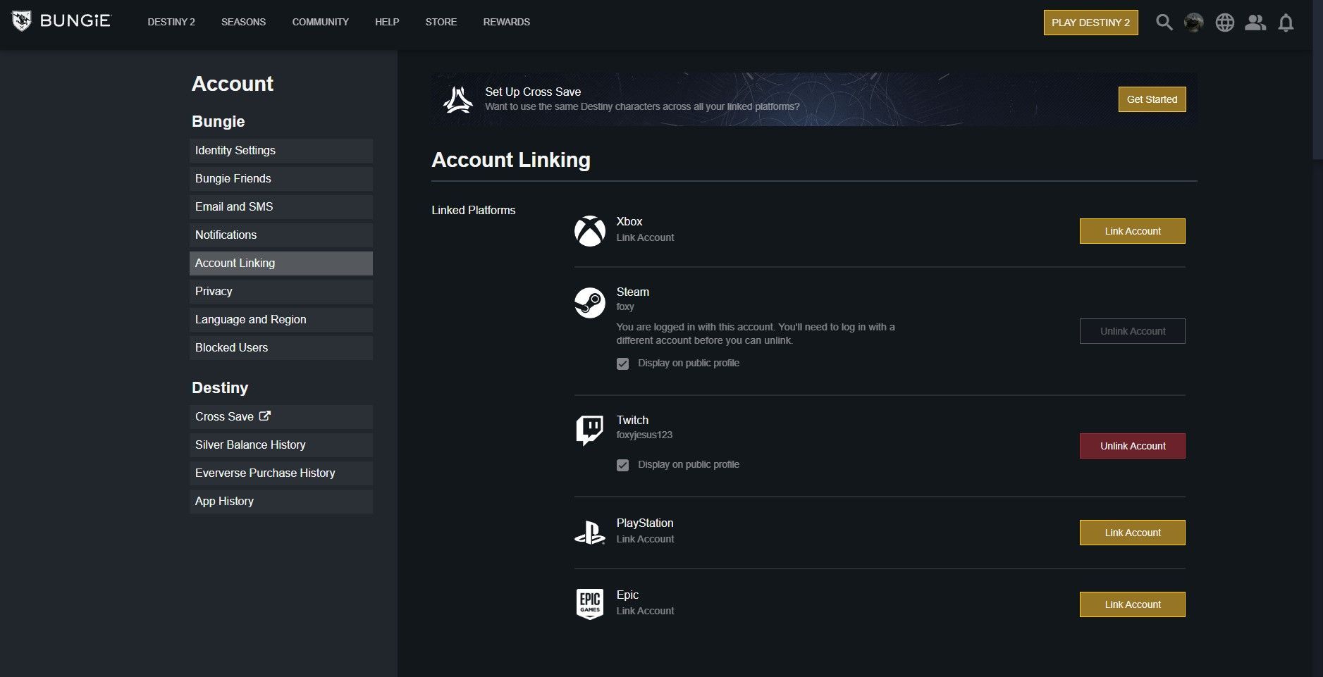 Account linking option (Image via Bungie)