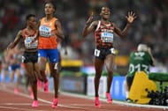 Faith Kipyegon of Team Kenya reacts to winning the Women's 5,000m Final on day eight of the World Athletics Championships Budapest 2023