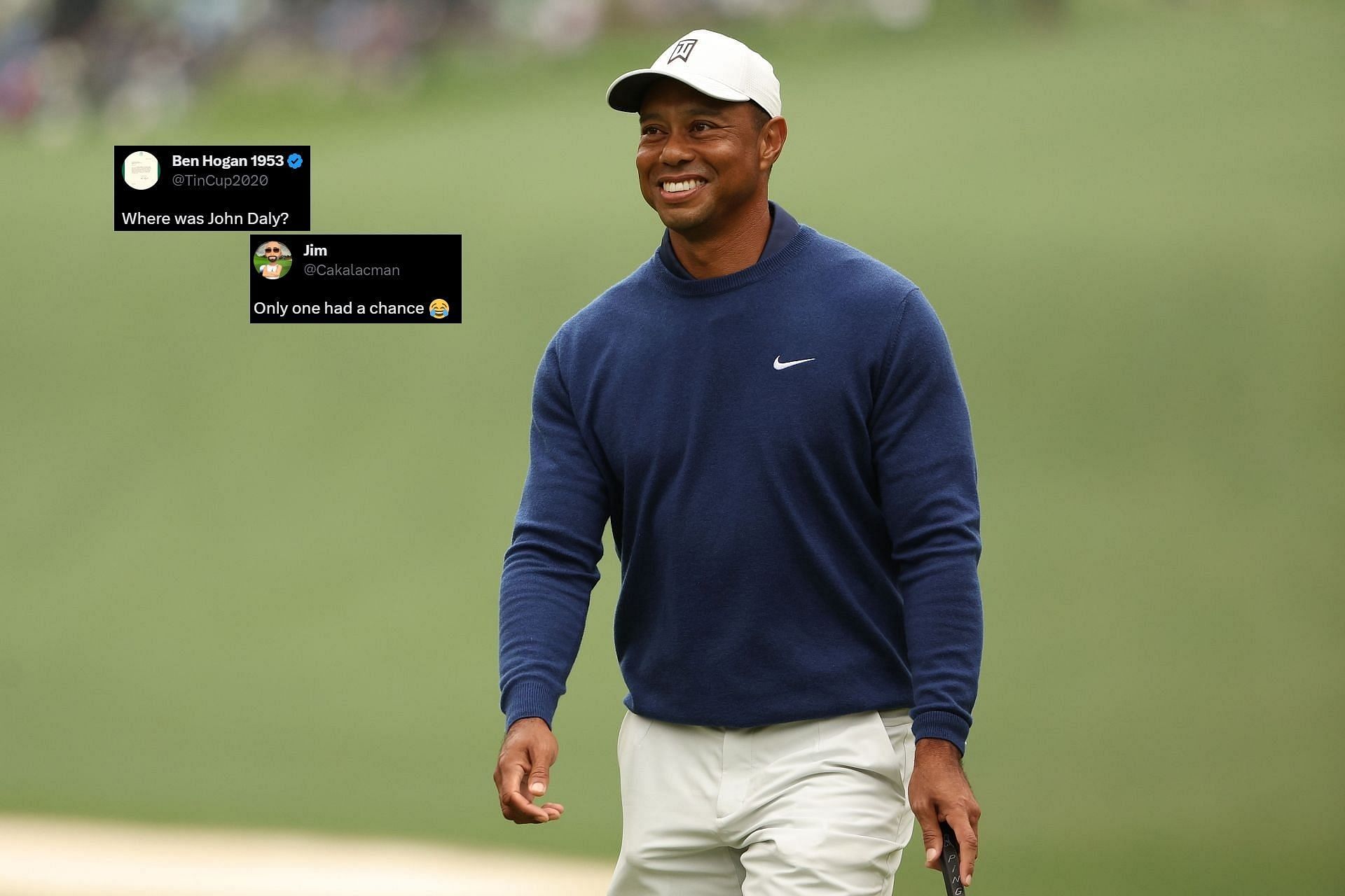 Tiger Woods smiling during the 2023 Masters practice round