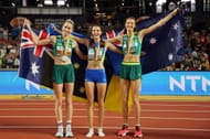 Silver medalist Eleanor Patterson of Team Australia, gold medalist Yaroslava Mahuchikh of Team Ukraine, and bronze medalist Nicola Olyslagers of Team Australia during Day 9 of the 2023 World Athletics Championships