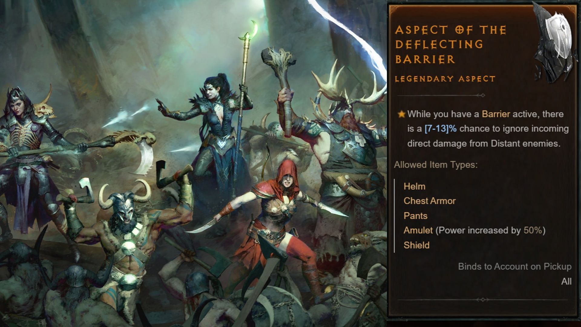 All Diablo 4 classes engaged in battle on the left and Aspect of the Deflecting Barrier description on the right.