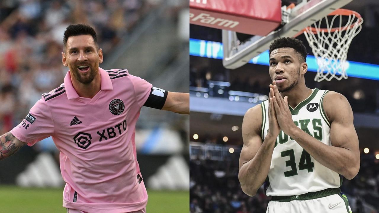Giannis Antetokounmpo gives Lionel Messi his flowers