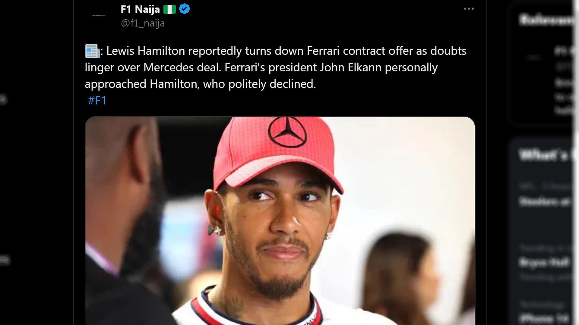 Tweet about the rumor of Hamilton receiving a contract offer from Ferrari&#039;s president, John Elkann (Image via Sportskeeda)