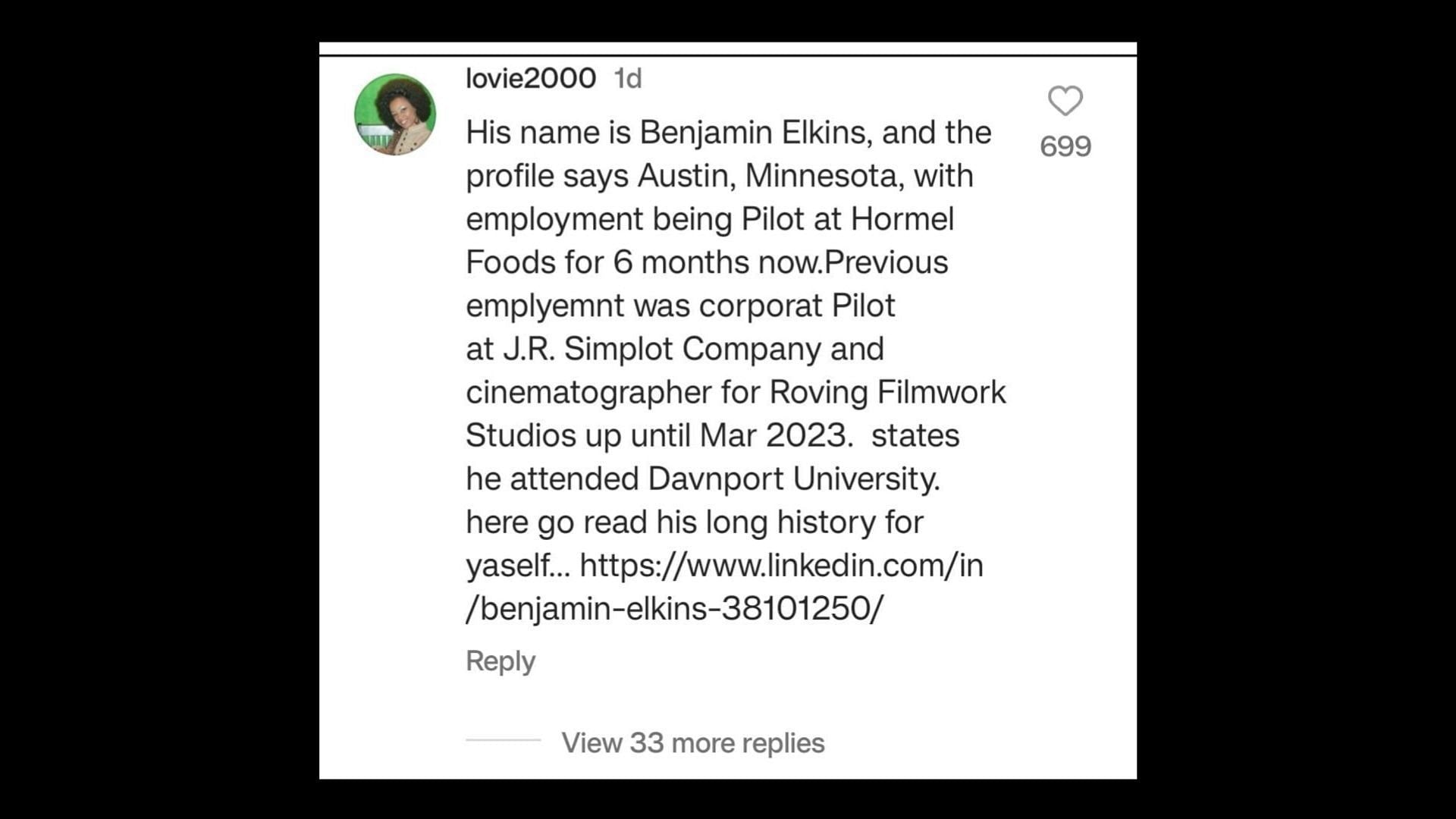 An Instagram user revealed Benjamin&#039;s identity (Image via realdlhughley/Instagram)