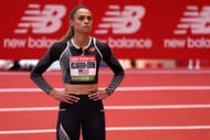 Sydney McLaughlin-Levrone of the United States looks on before competing in the Women’s 60m during the New Balance Indoor Grand Prix
