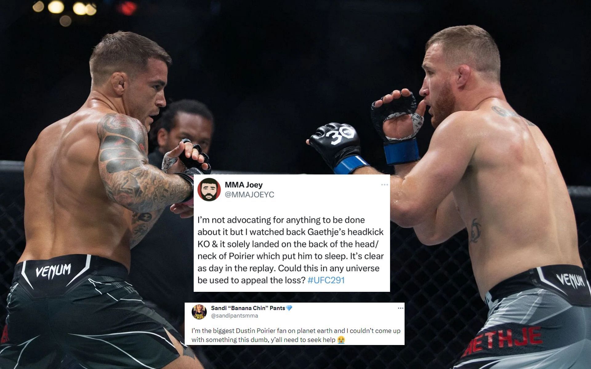 Dustin Poirier vs. Justin Gaethje at UFC 291 and Tweets [Photo credit: @MMAJOEYC and @sandipantsmma - Twitter]