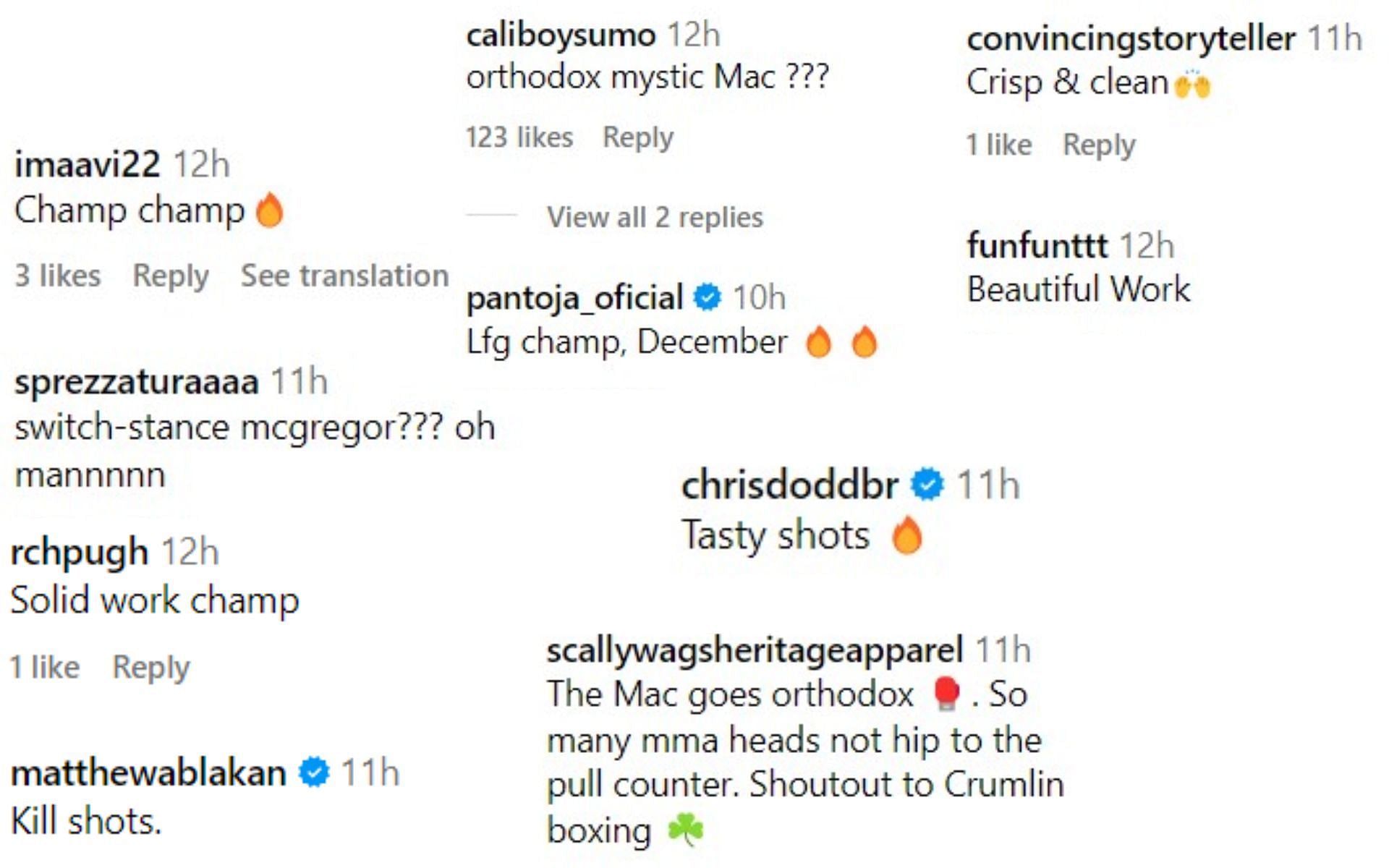 Screenshot of fan reactions to McGregor&#039;s recent training footage