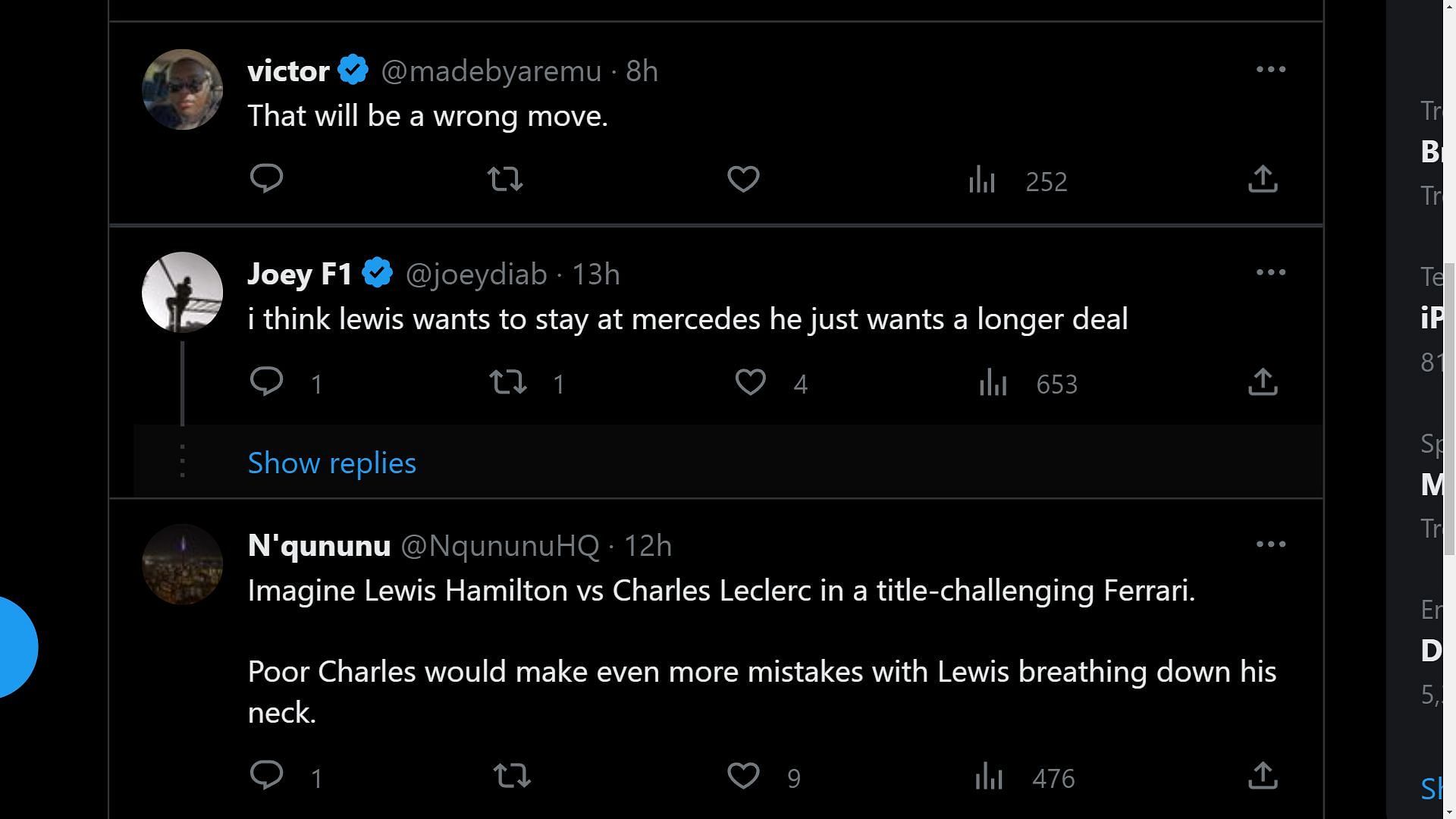 Tweets reacting to Hamilton reportedly receiving an offer from Ferrari (Image via Sportskeeda)