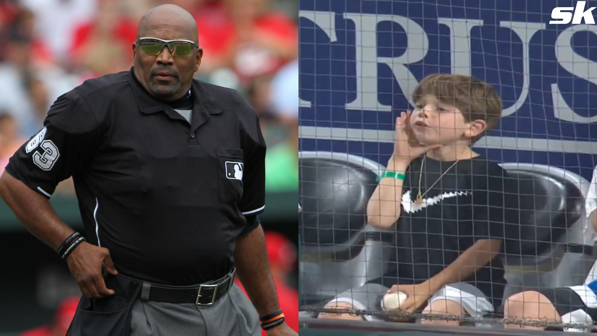 MLB umpire Laz Diaz looks to throw a baseball into the stands