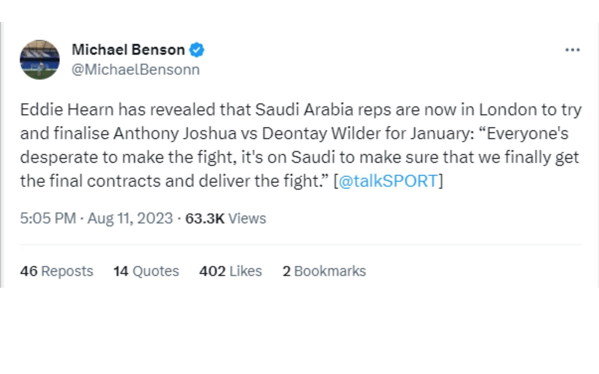 Screenshot of Michael Benson&#039;s tweet