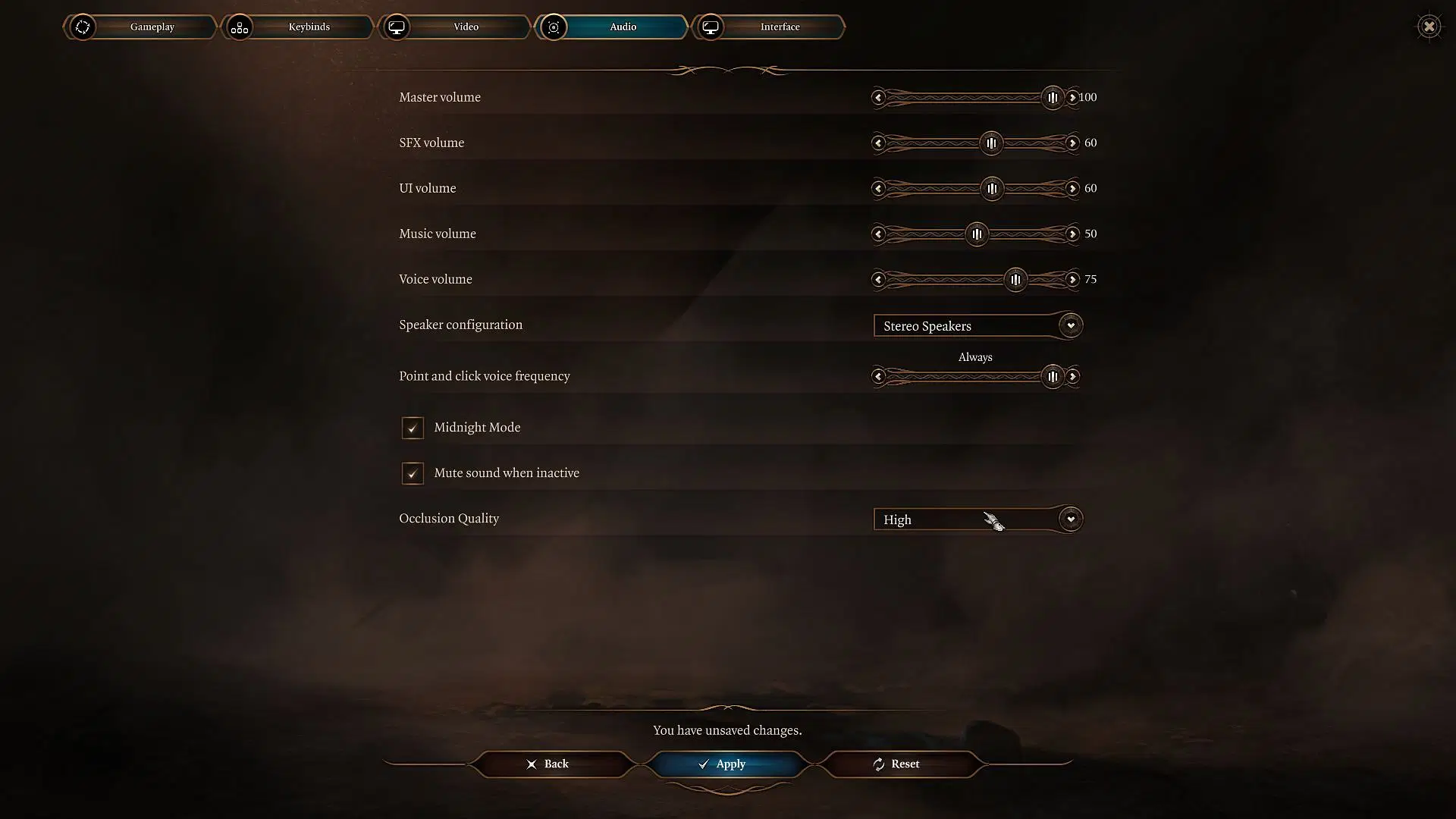 Audio settings in Baldur&#039;s Gate 3 (Image via Larian Studios || Sportskeeda)