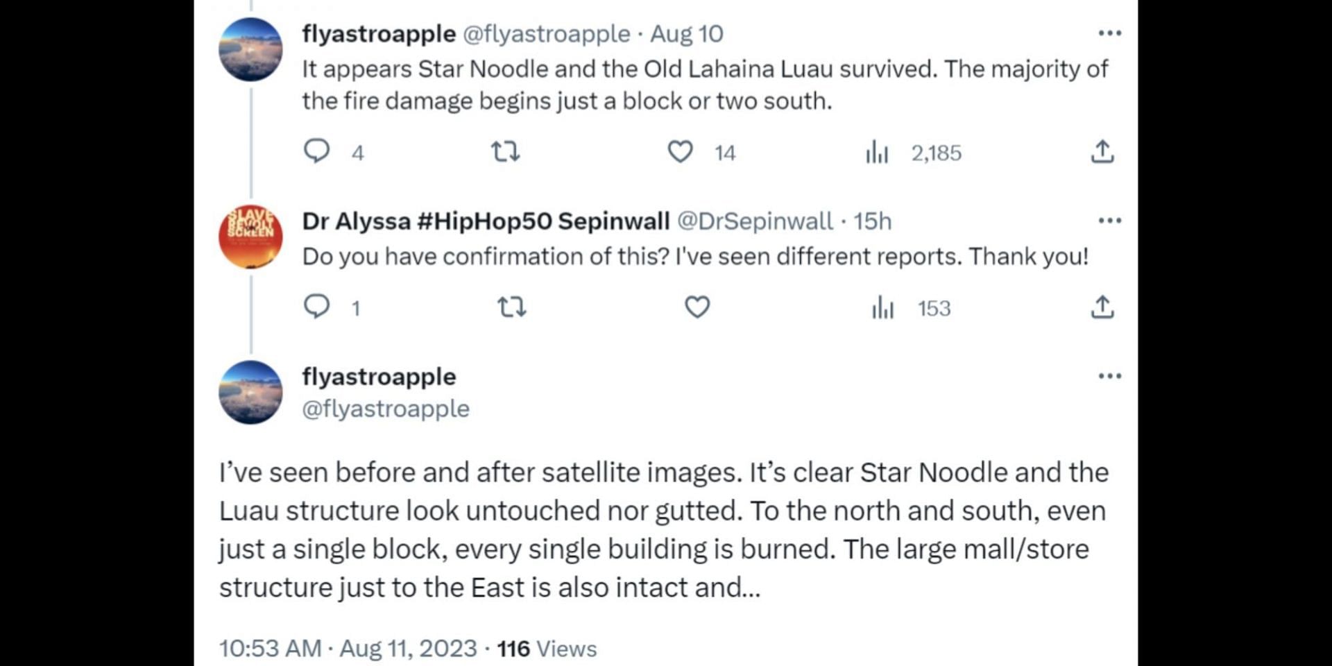 Netizens express their worry about whether or not the Old Luau survived the wildfire. (Image via X/flyastroapple)