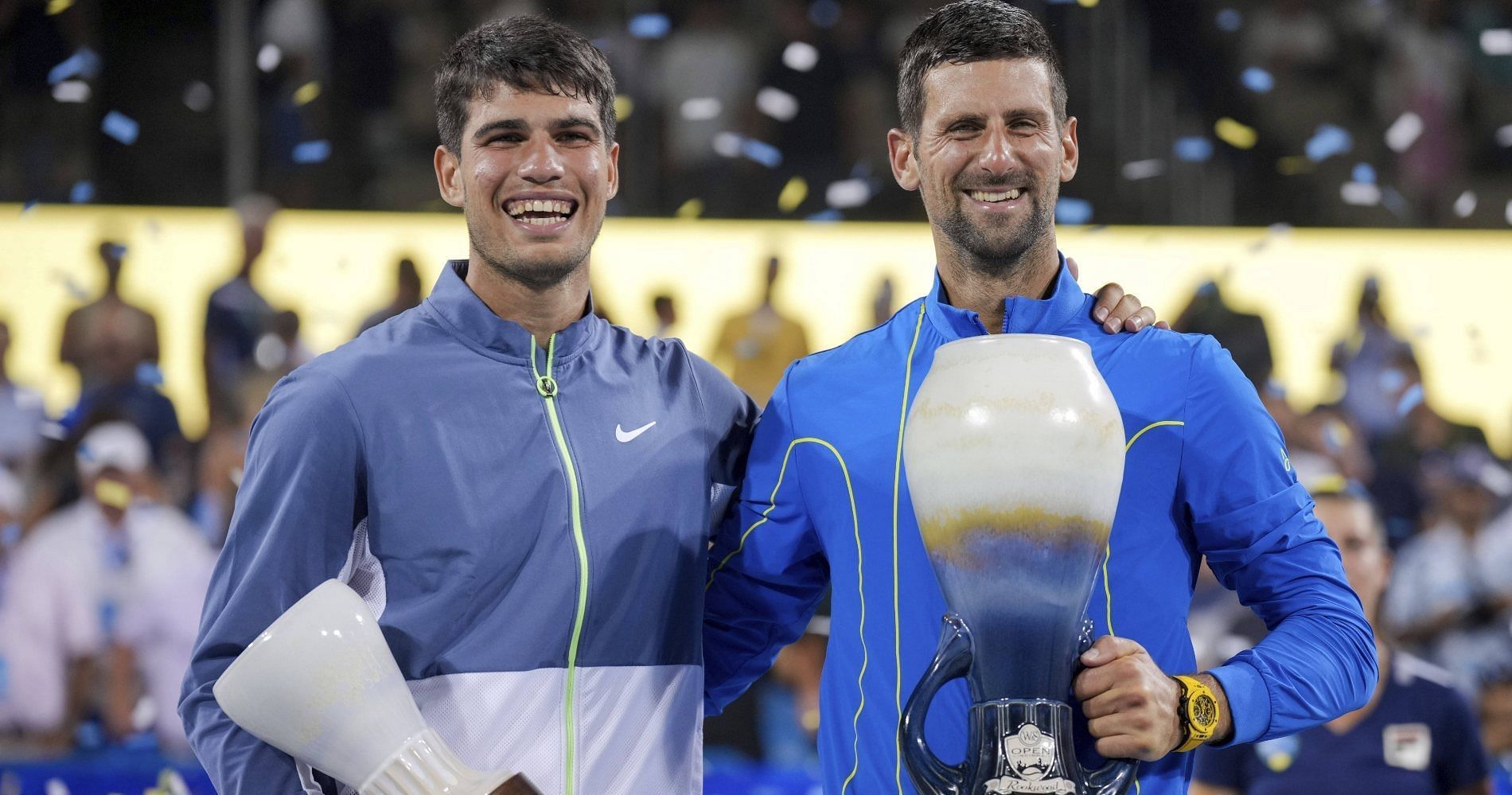 Novak Djokovic and Carlos Alcaraz pose during the 2023 Cincinnati Open trophy ceremony