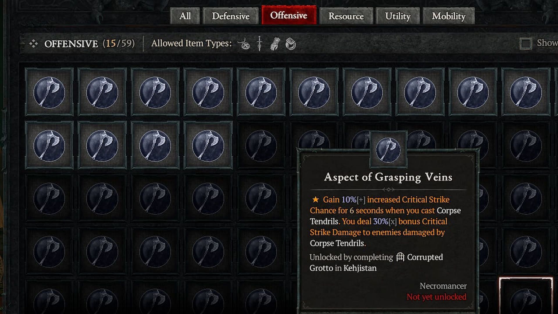 This Aspect imparts a critical strike chance after using Corpse Tendrils (Image via Diablo 4)