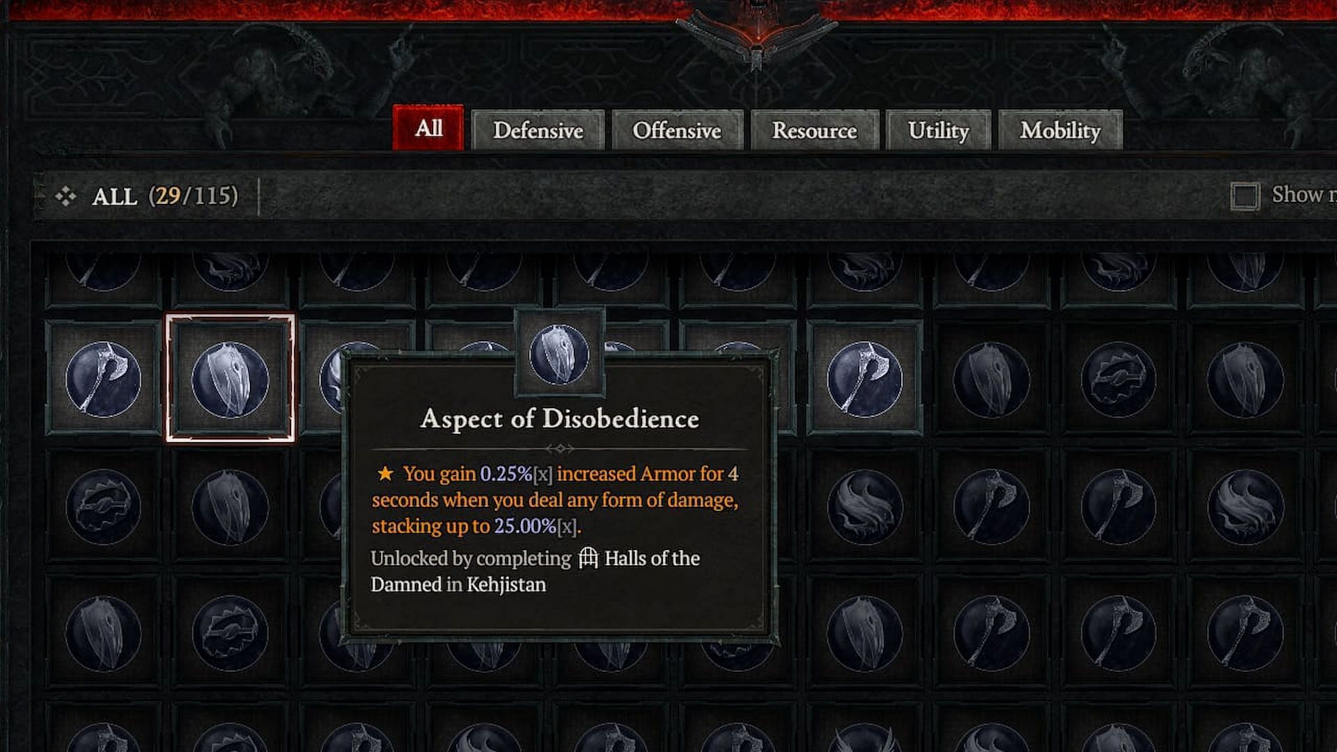 Aspect of Disobedience is suitable for this build (Image via Diablo 4)