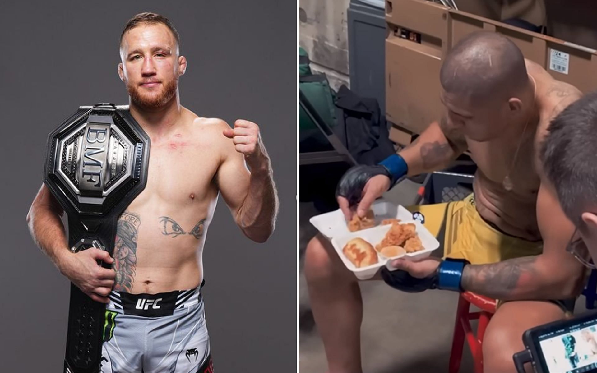 Justin Gaethje [L] and Alex Pereira setting aside a chicken wing for him [R] [Images via @ufc Instagram and AlexPoatanPereira YouTube channel]