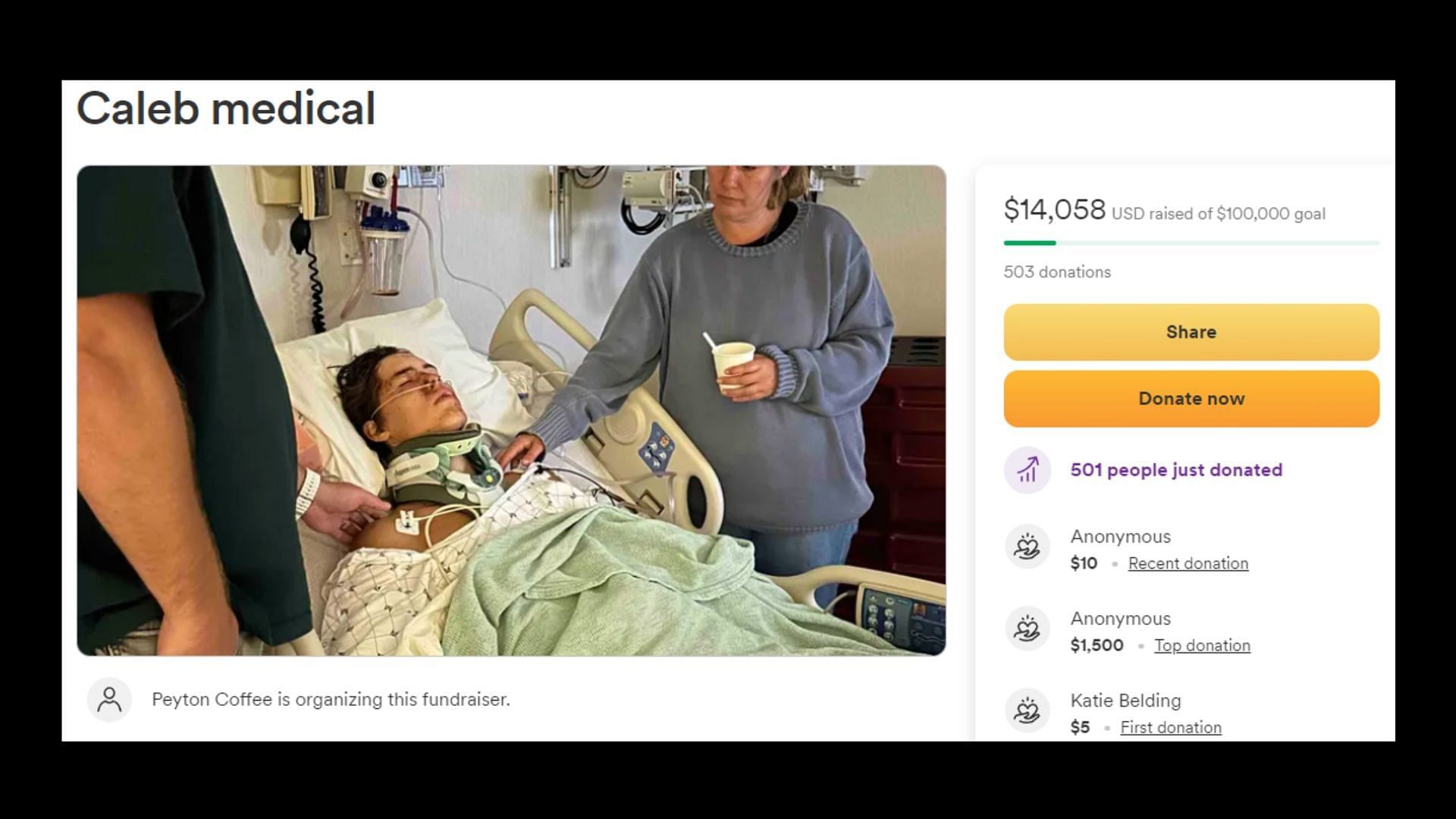 The GoFundMe page launched for Caleb by his family (Image via GoFundMe)